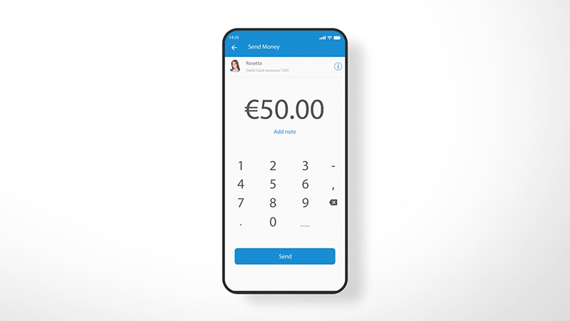 Phone with money transfer of 50 euros shown on screen.
